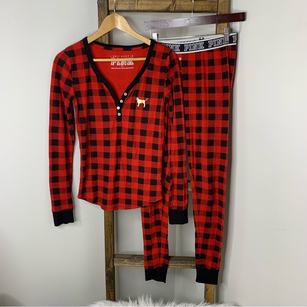 PINK Victoria's Secret Red and Black Plaid Checkered Pajamas Size S
